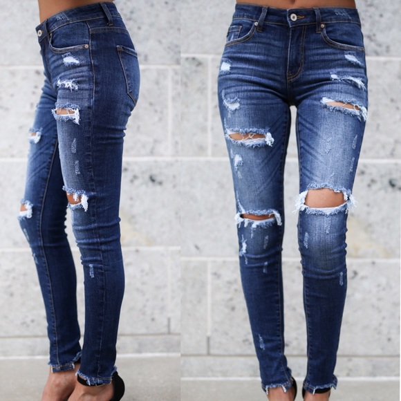 Dark Wash Distressed Denim Ankle Skinny Jeans - Picture 2 of 7